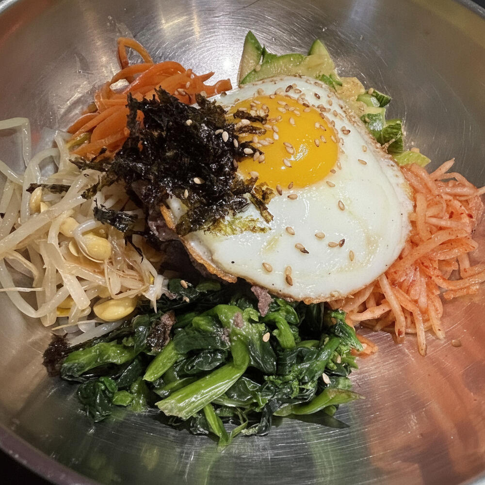 14. DOLSOT BIBIMBAP > MIXED VEGGIES OVER RICE WITH CHOICE OF MEA